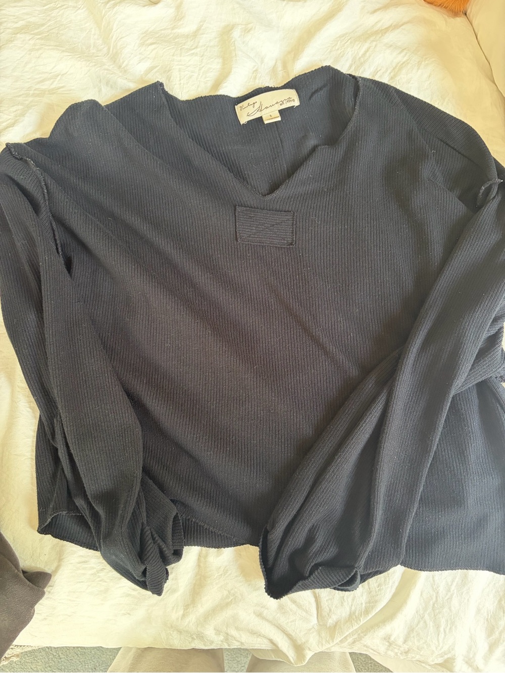 Vintage Navy Blue Women's Ribbed V-Neck Sweater